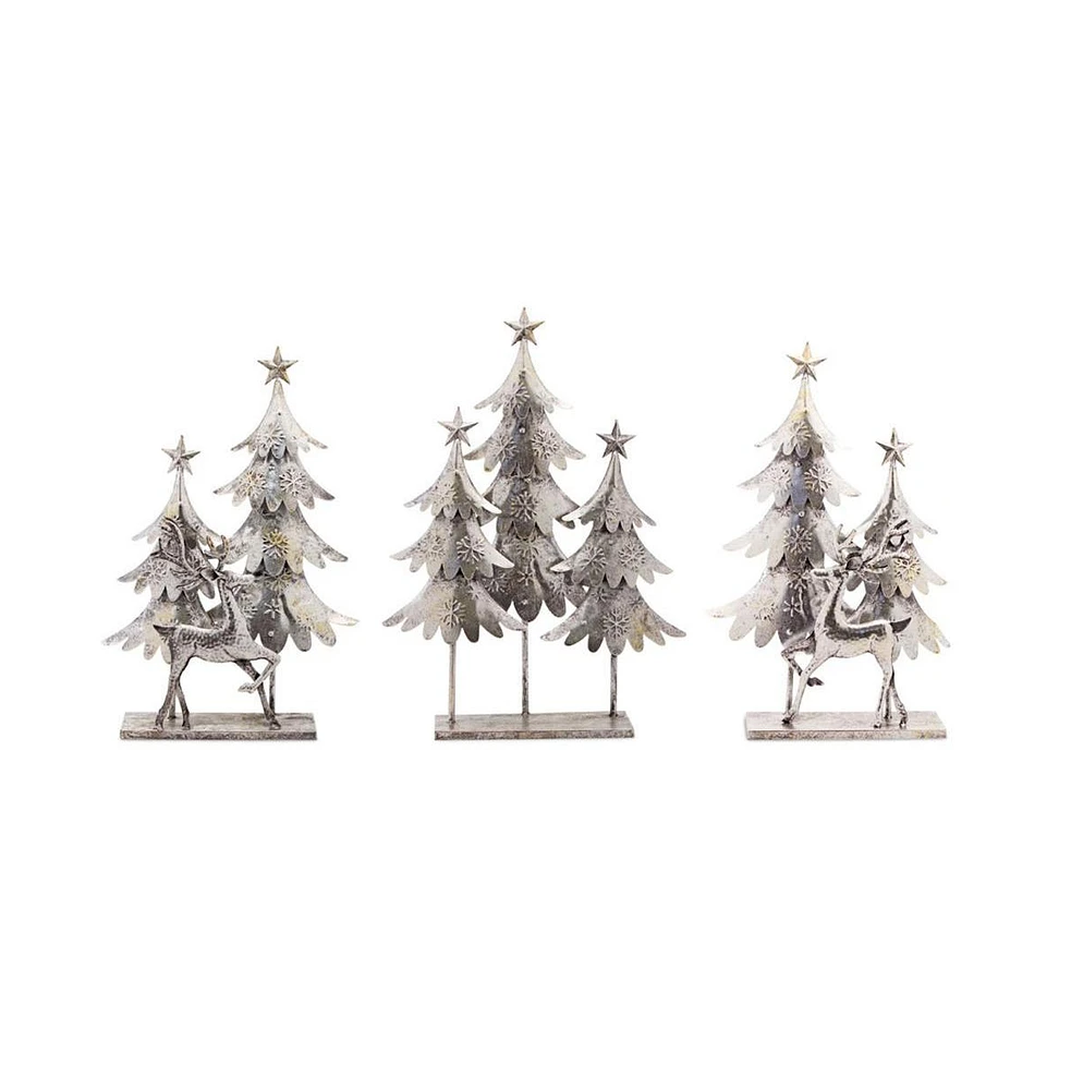 Slickblue Silver Hammered Metal Deer With Trees Display (Set of 3)