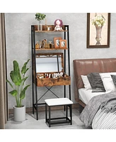 Vanity Table Set Flip Top Mirror Ladder Storage Shelf Cushioned Stool Rustic
