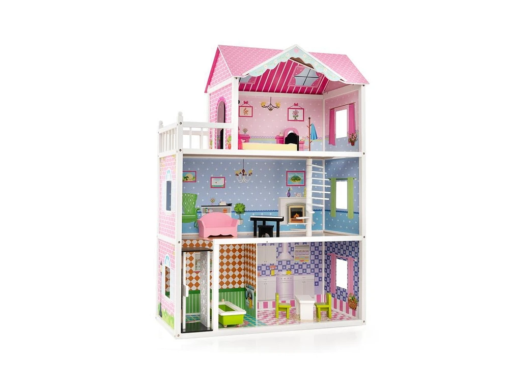 Slickblue Wooden Dollhouse with Working Elevator and Rotatable Staircase-Pink