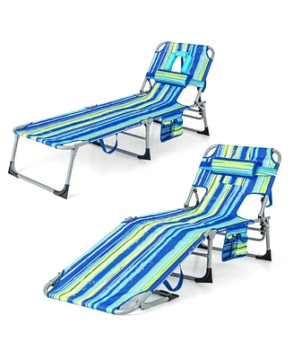 Gymax Goplus 2PCS Outdoor Beach Lounge Chair Folding Chaise Lounge w/ Pillow Blue & Green