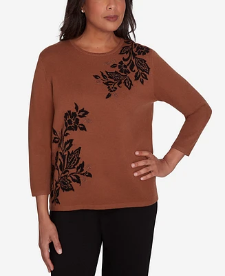 Alfred Dunner Women's Rue Rivoli Floral Embroidery Top with Three Quarter Sleeves