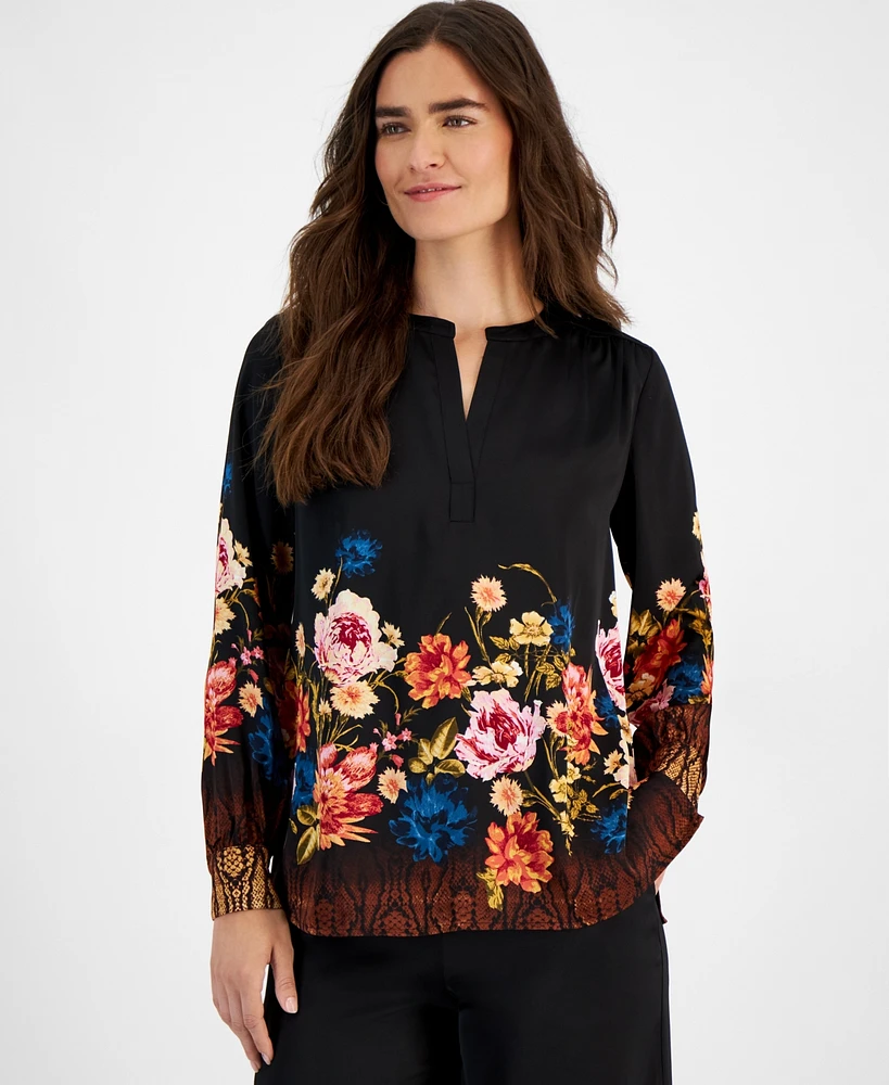 Jm Collection Women's Printed Satin Split Neck Blouse, Created for Macy's