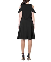 24seven Comfort Apparel Ruffle Cold Shoulder a Line Knee Length Dress