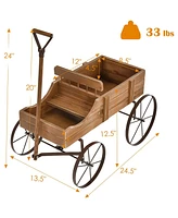 Sugift Wooden Wagon Plant Bed with Metal Wheels for Garden Yard Patio