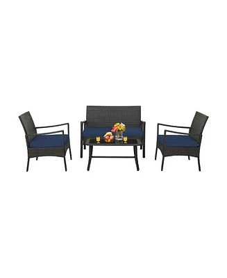 Sugift 4 Pieces Rattan Conversation Set with Tempered Glass Coffee Table