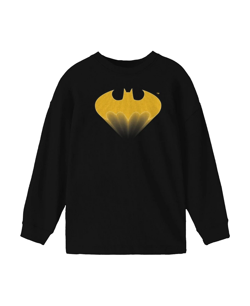 Batman Boys Rising Yellow Logo Black Long Sleeve Shirt