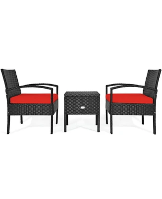 Gymax 3PCS Rattan Patio Conversation Furniture Set w/ Storage Table Red Cushion