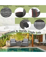 Gymax 3PCS Patio Rattan Sofa Set Outdoor Wicker Conversation Set Glass Tabletop w/ Grey Cushion