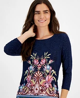 Jm Collection Petite Floral-Print 3/4-Sleeve Top, Created for Macy's