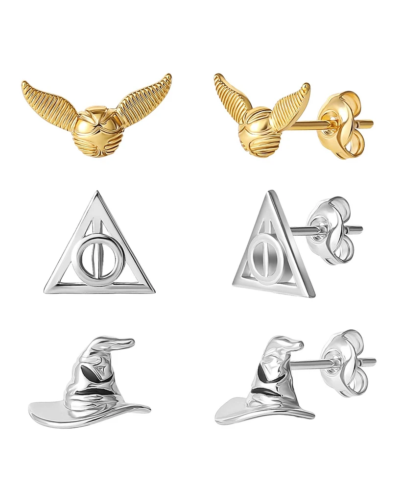 Harry Potter 3 Piece Stud Earring Set - Golden Snitch, Deathly Hallows, Sorting Hat