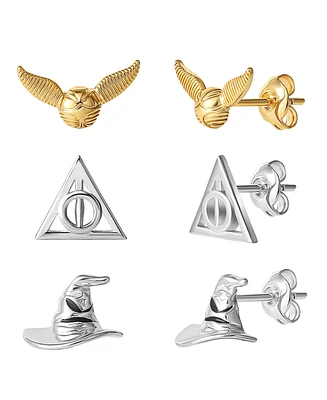 Harry Potter 3 Piece Stud Earring Set - Golden Snitch, Deathly Hallows, Sorting Hat