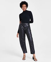 Bar Iii Women's High-Rise Barrel-Leg Faux Leather Pants, Created for Macy's