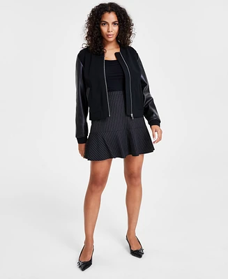 Bar Iii Women's Ponte-Knit Faux-Leather Bomber Jacket, Created for Macy's