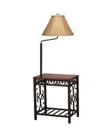 Regency Hill Travata Country Cottage Floor Lamp Standing with End Table 54" Tall Bronze Scrollwork Swing Arm Burlap Fabric Shade for Living Room Readi