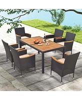 7 Pcs Outdoor Dining Set for 6 with Umbrella Hole Acacia Wood Tabletop Poolside
