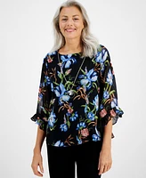 Jm Collection Women's Botanical Blooms Ruffle Trim Necklace Top, Created for Macy's