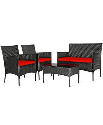 Sugift 4 Pieces Patio Rattan Cushioned Sofa Set with Tempered Glass Coffee Table-Red