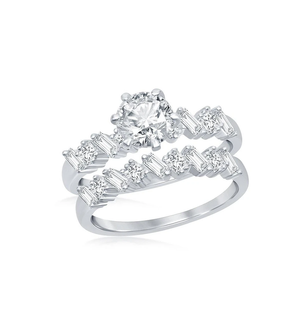 Simona Sterling Silver Six-Prong Multi-Shaped Half Band Baguette Cz Engagement Ring Set