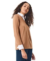 Jones New York Womens Serenity with Cotton Poplin Long Sleeve V-Neck Twofer Top