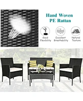 Sugift 4 Pieces Patio Rattan Cushioned Conversation Sets with Tempered Glass Coffee Table