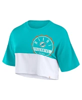 Fanatics Women's Aqua/White Miami Dolphins Boxy Color Split Cropped T-Shirt