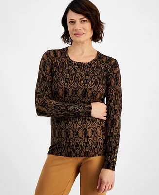 Jm Collection Women's Printed Crewneck Long-Sleeve Sweater, Created for Macy's