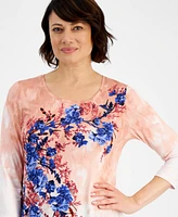 Jm Collection Petite Floral-Print 3/4-Sleeve Top, Created for Macy's