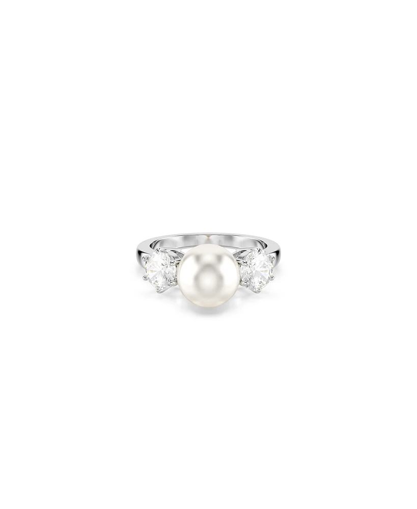 Swarovski Crystal Pearl, Round Cut, White, Rhodium Plated Matrix Ring