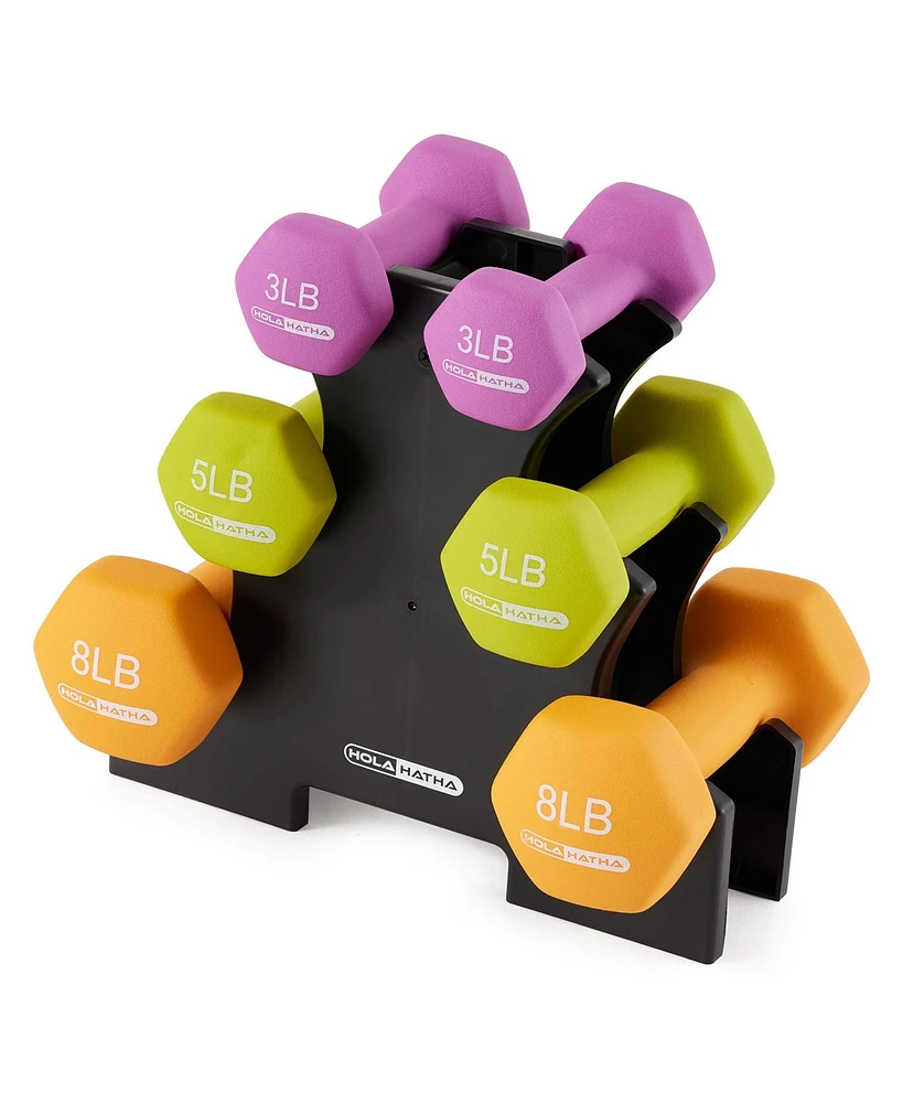 HolaHatha 3, 5, and 8 Pound Dumbbell Hand Weight Set with Storage Rack, Multi