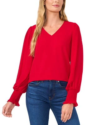 CeCe Women's Long-Sleeve Smocked-Cuff V-Neck Blouse