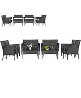 Gymax 8PCS Outdoor Furniture Set Patio Rattan Conversation Set w/ Grey & Off White Cushion