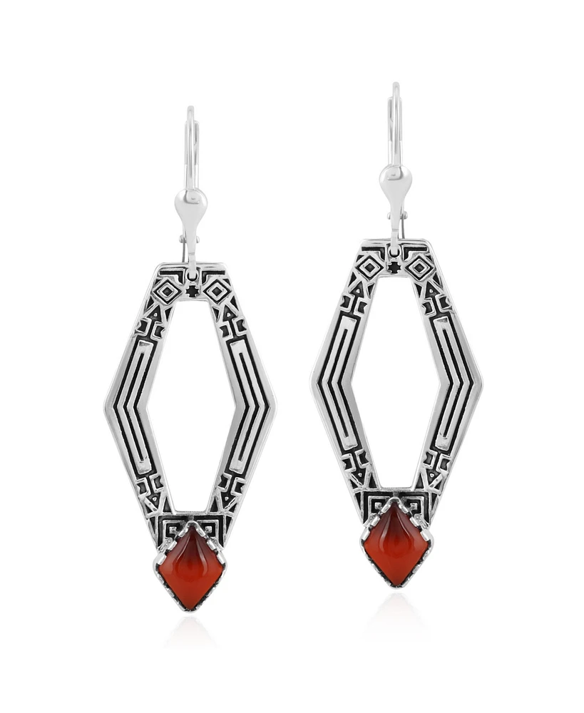 American West Jewelry Sterling Silver and Geometric Shape Red Agate Gemstone Lever Back Earrings