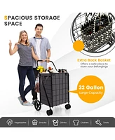 Slickblue Folding Rolling Shopping Cart with Waterproof Liner and Basket-Black