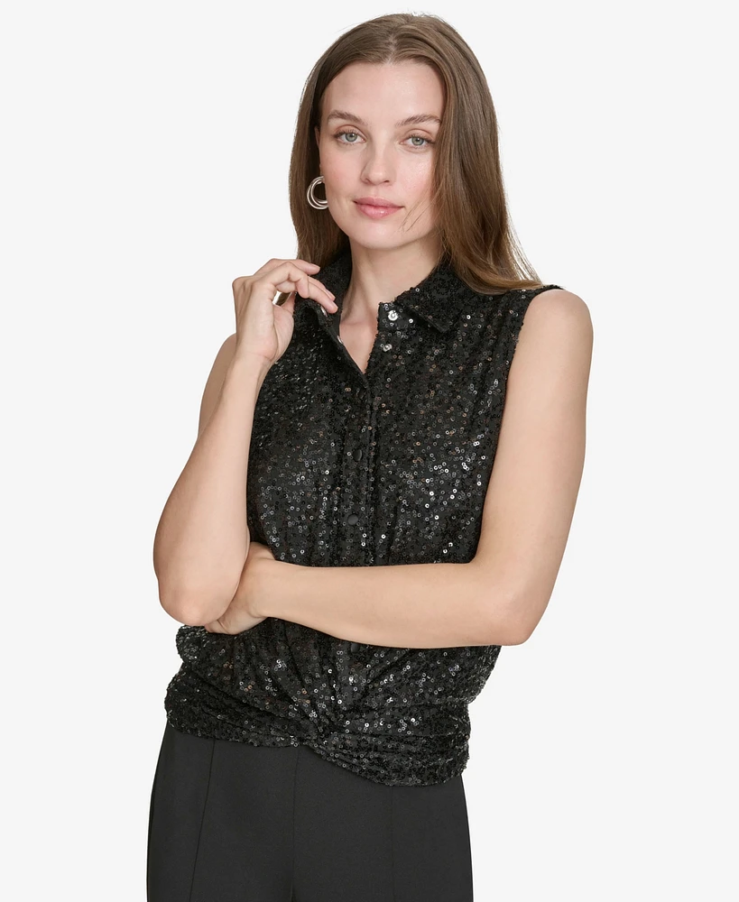 Halston Women's Sequin Twist-Front Collared Top