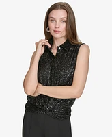 Halston Women's Sequin Twist-Front Collared Top