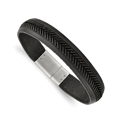 Chisel Stainless Steel Textured Black Italian Leather Bracelet