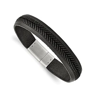 Chisel Stainless Steel Textured Black Italian Leather Bracelet