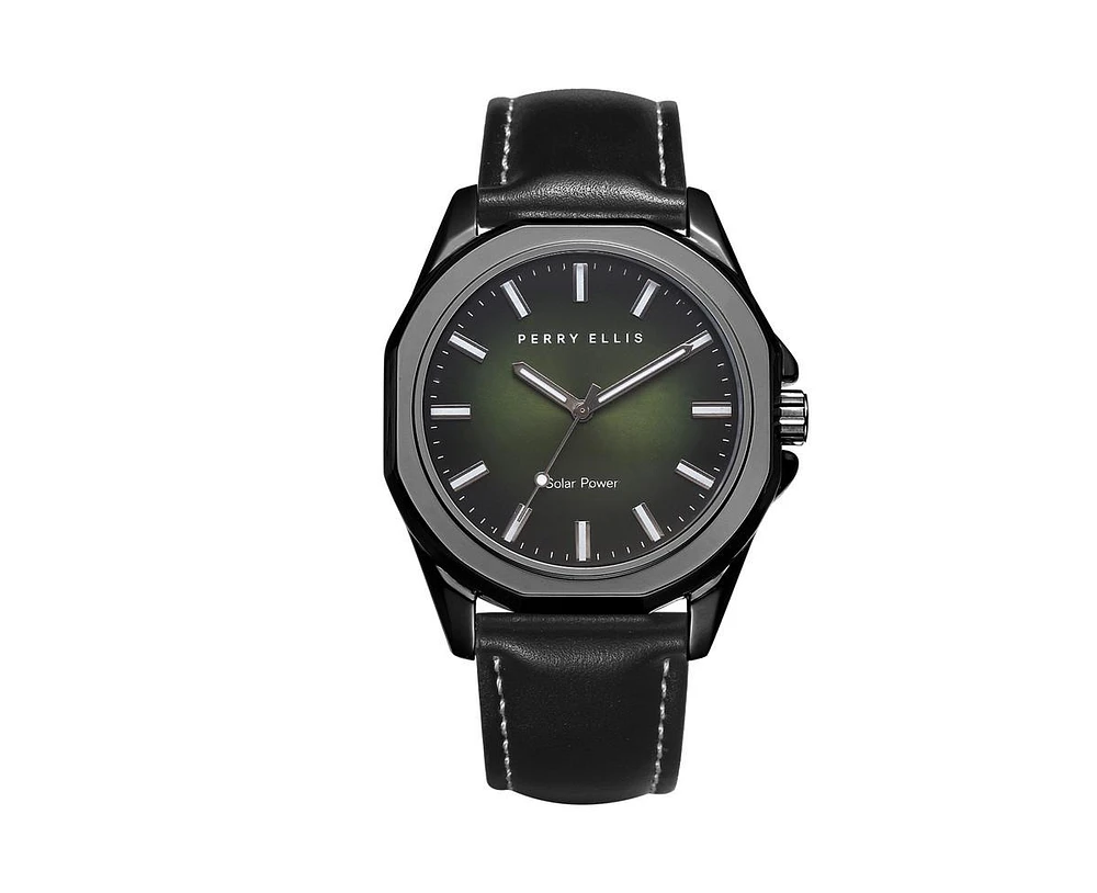 Perry Ellis Men's Solar Powered Silver Tone Deep Green Dial Sunburst Strap Watch