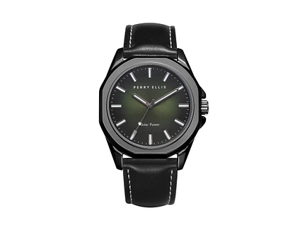 Perry Ellis Men's Solar Powered Silver Tone Deep Green Dial Sunburst Strap Watch