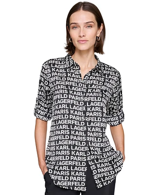 Karl Lagerfeld Paris Petite Logo Print Roll-Tab-Sleeves Button-Front Shirt, First@Macy's