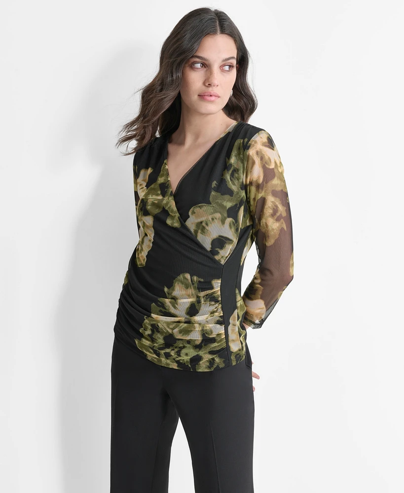 Dkny Women's 3/4-Sleeve Printed Mesh V-Neck Top