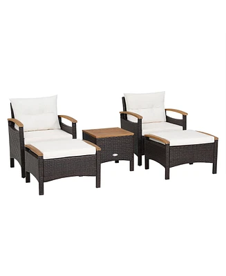 Gymax 5PCS Outdoor Patio Rattan Furniture Set Pe Wicker Lounge Chair w/ Wood Tabletop