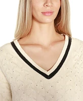 Belldini Black Label Women's Embellished Cabled V-Neck Sweater