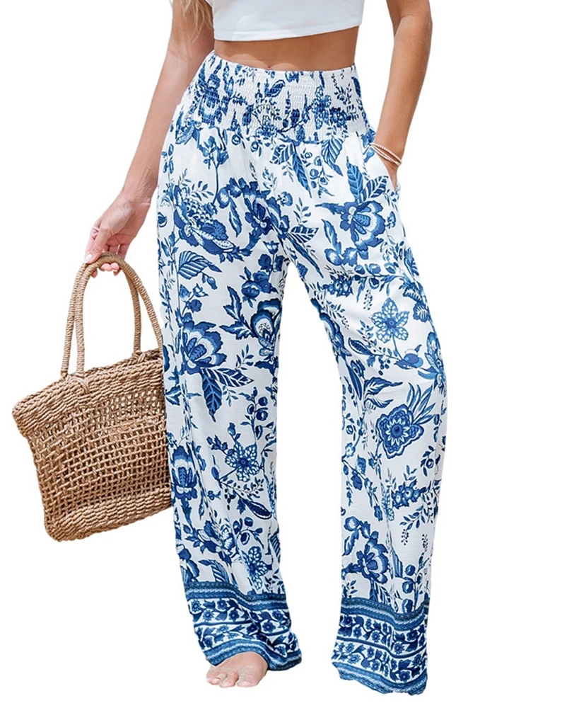 Cupshe Women's Blue & White Floral Smocked Waist Straight Leg Pants