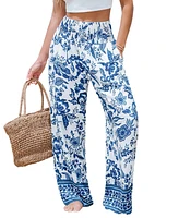 Cupshe Women's Blue & White Floral Smocked Waist Straight Leg Pants