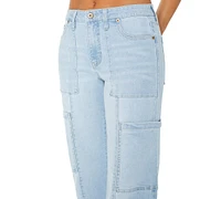 Juniors' Mid Rise Cargo Seamed Wide Leg Jean