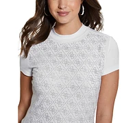 Guess Women's Rhinestone-Logo Mock-Neck Short-Sleeve Top