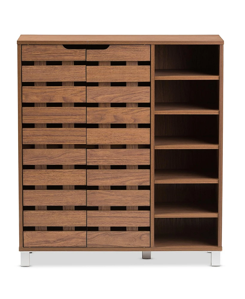 Baxton Studio Shirley Modern and Contemporary Walnut Medium Brown Wood 2-Door Shoe Cabinet with Open Shelves