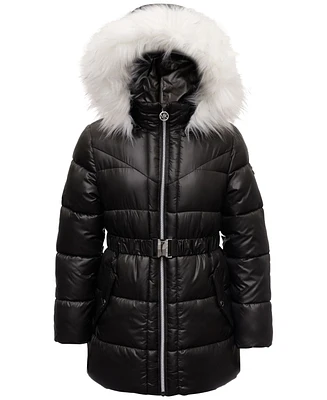 Michael Kors Big Girls Belted Stadium Puffer Jacket with Faux-Fur Trim