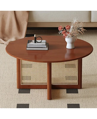 Simplie Fun Rustic-Modern Wood & Rattan Coffee Table for Nature-Inspired Living